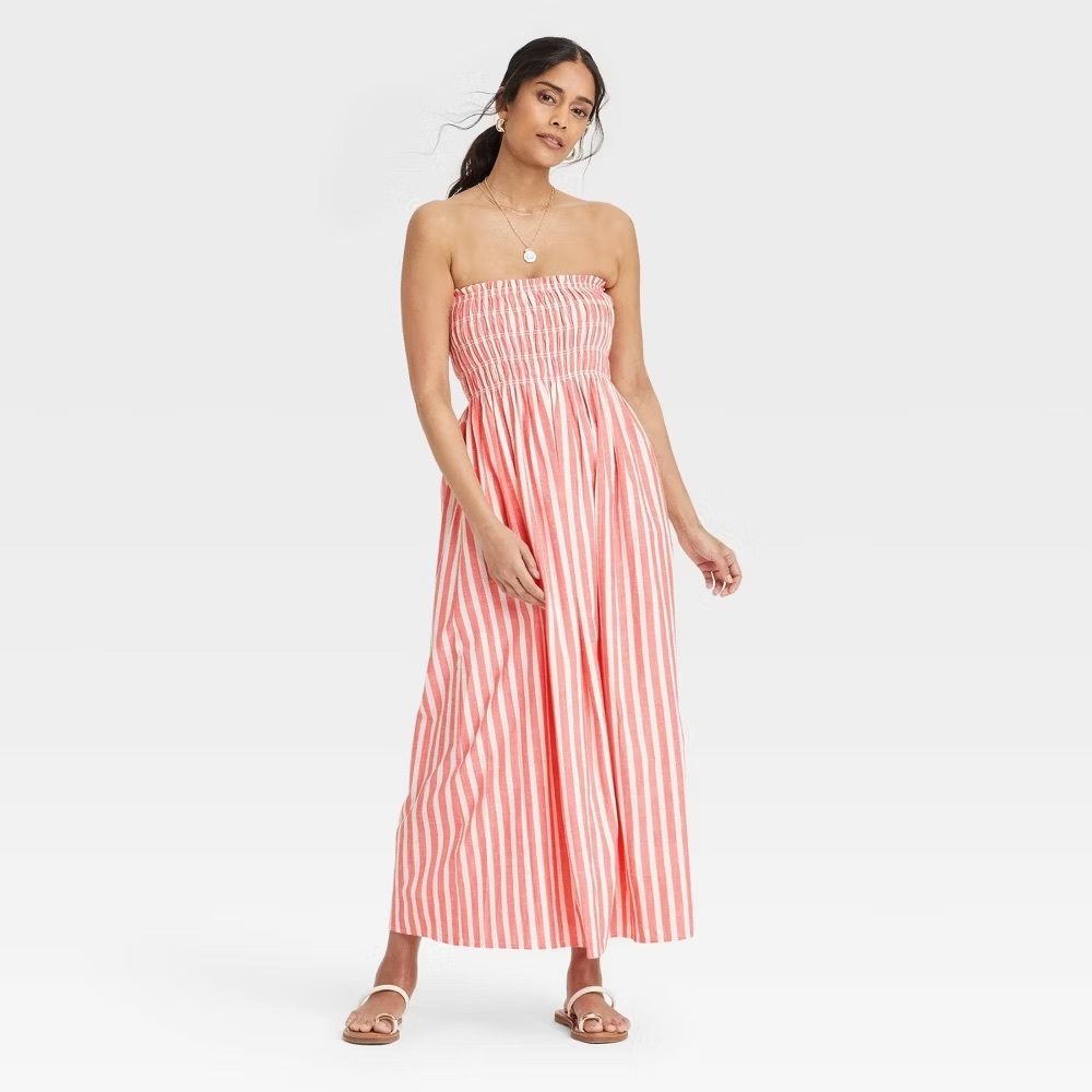 Coral Red Striped Midi Dress